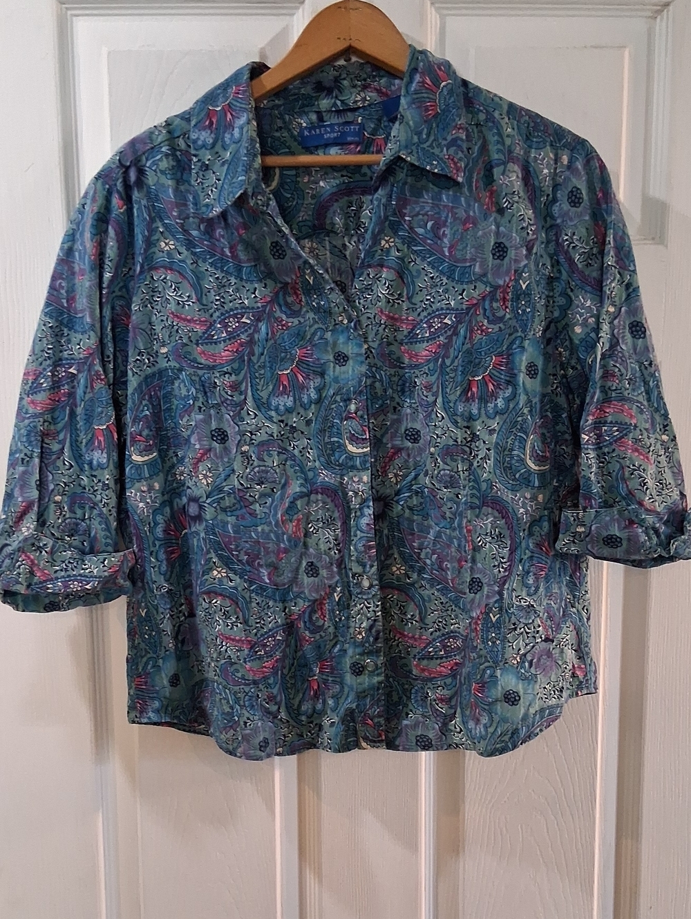 Karen Scott Teal & Blue Paisley Button-Down Shirt